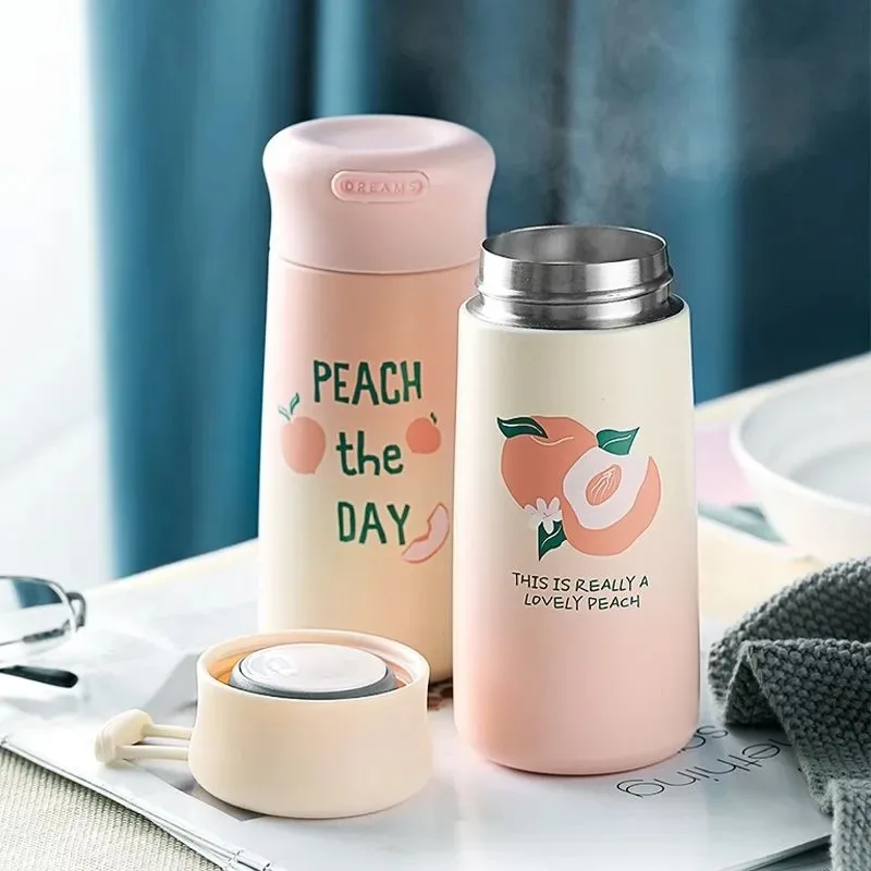 

300ML Creative Peach Coffee Mug Travel Portable Outdoor Stainless Steel Cartoon Cute Water Bottle Pink Girl Kawaii Tumbler Cup