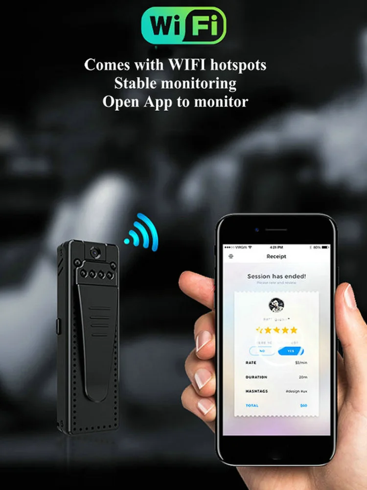 

Portable mini 1080P HD WiFi camera with DVR night vision function motion sensor, mini portable sports camera, back clip design