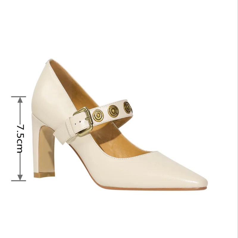 

Mstacchi Solid Color Retro Mary Janes Shoes Metal Decoration Buckle 2021 Sexy Pointed Genuine Leather Ladies Shoes High Heels