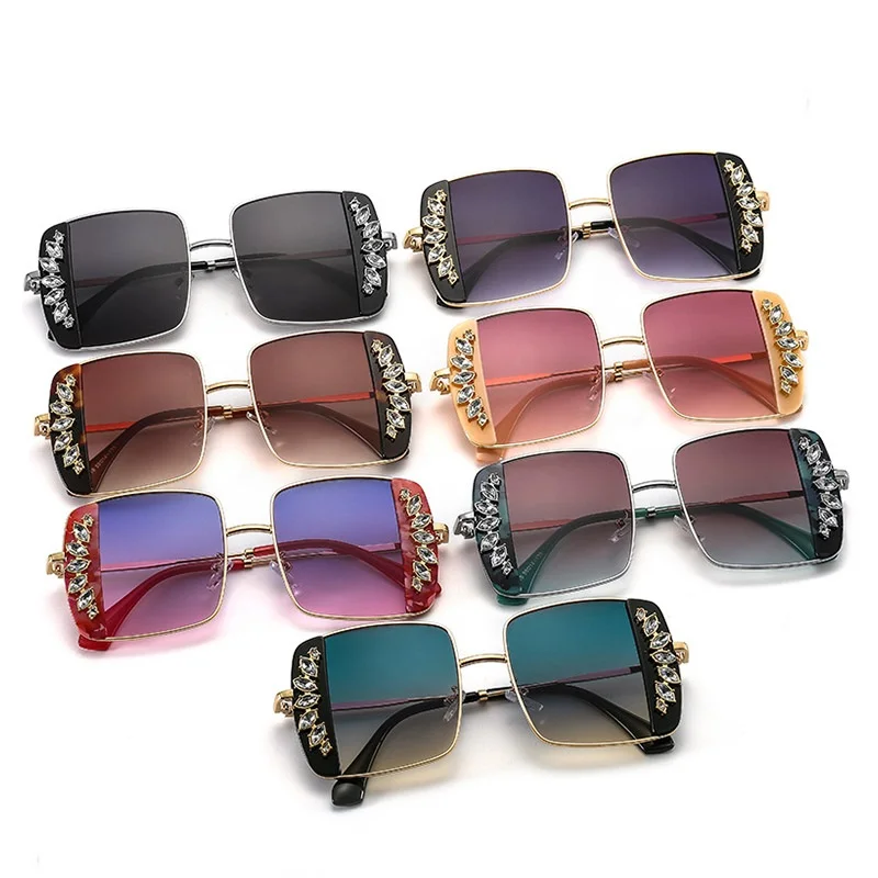 

Celebrity Luxury Diamond Sunglasses Women High Quality Metal Square Sun Glasses For Female Brown Rhinestone Shades Gafas de sol
