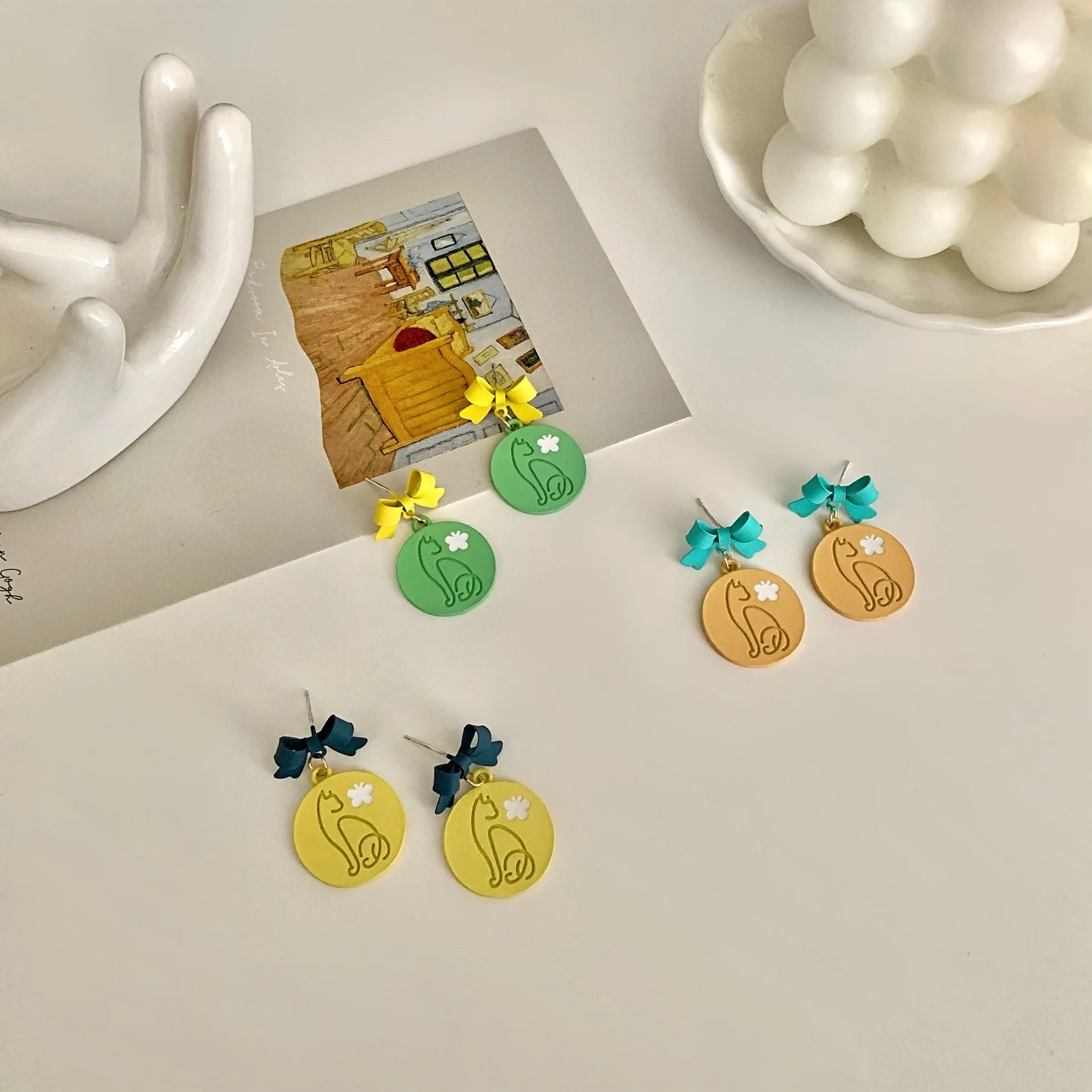 

925 Silver Needle Cute Cat Flower Round Drop Earrings for Women Girl Colorful Bow Clip On Earrings Jewelry 2021 New Trend