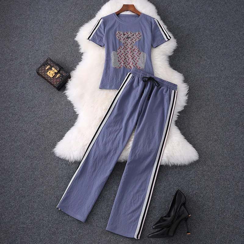 

Наличные товары 2020 женская новая медведь Стразы с коротким рукавом Футболка сбоку в полоску повседневные штаны комплект из двух предметов 50827 одежда