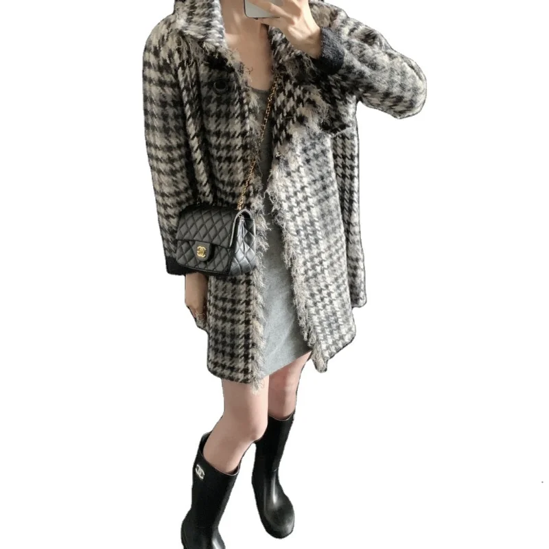 

Women's Coat Houndstooth Woolen Overcoat Women's Mid-Length Mink Long Plaid Coat Women's Winter Overknee Thickened Fashionable