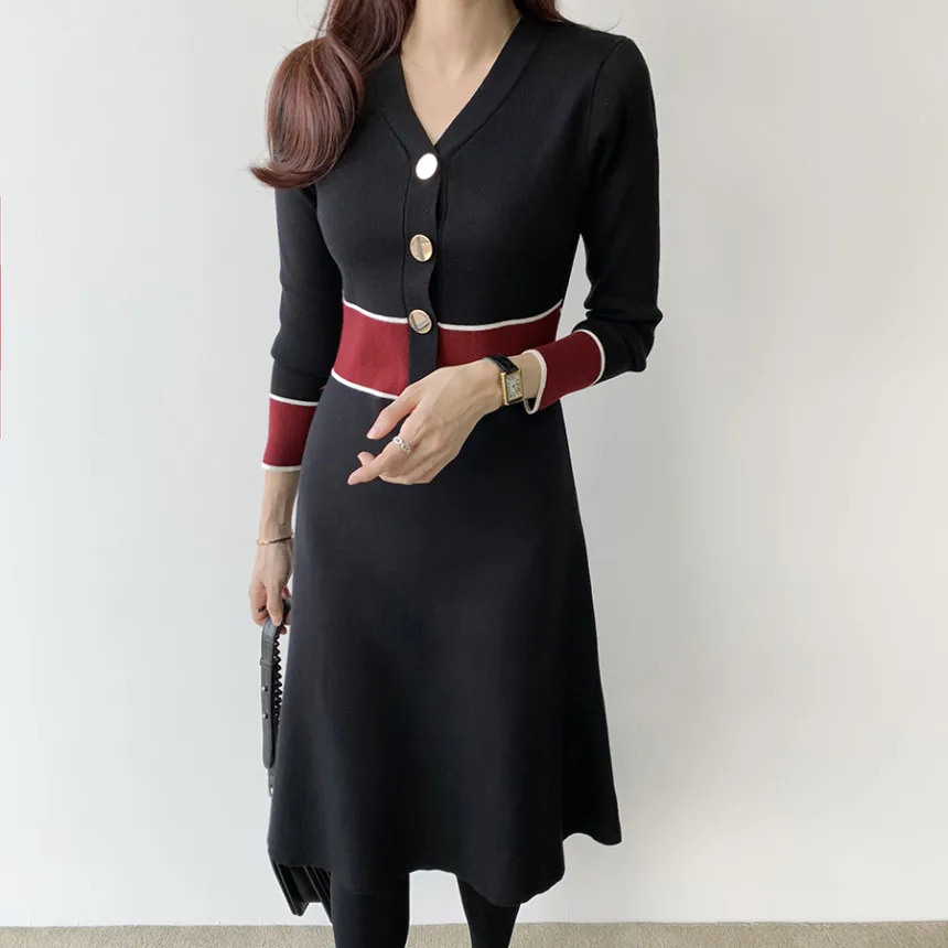 

Korean Chic Contrast Color Long Sleeve Sweater Dress Women Elegant Single Breasted V-Neck A-Line Knitted Dresses Office Ladies