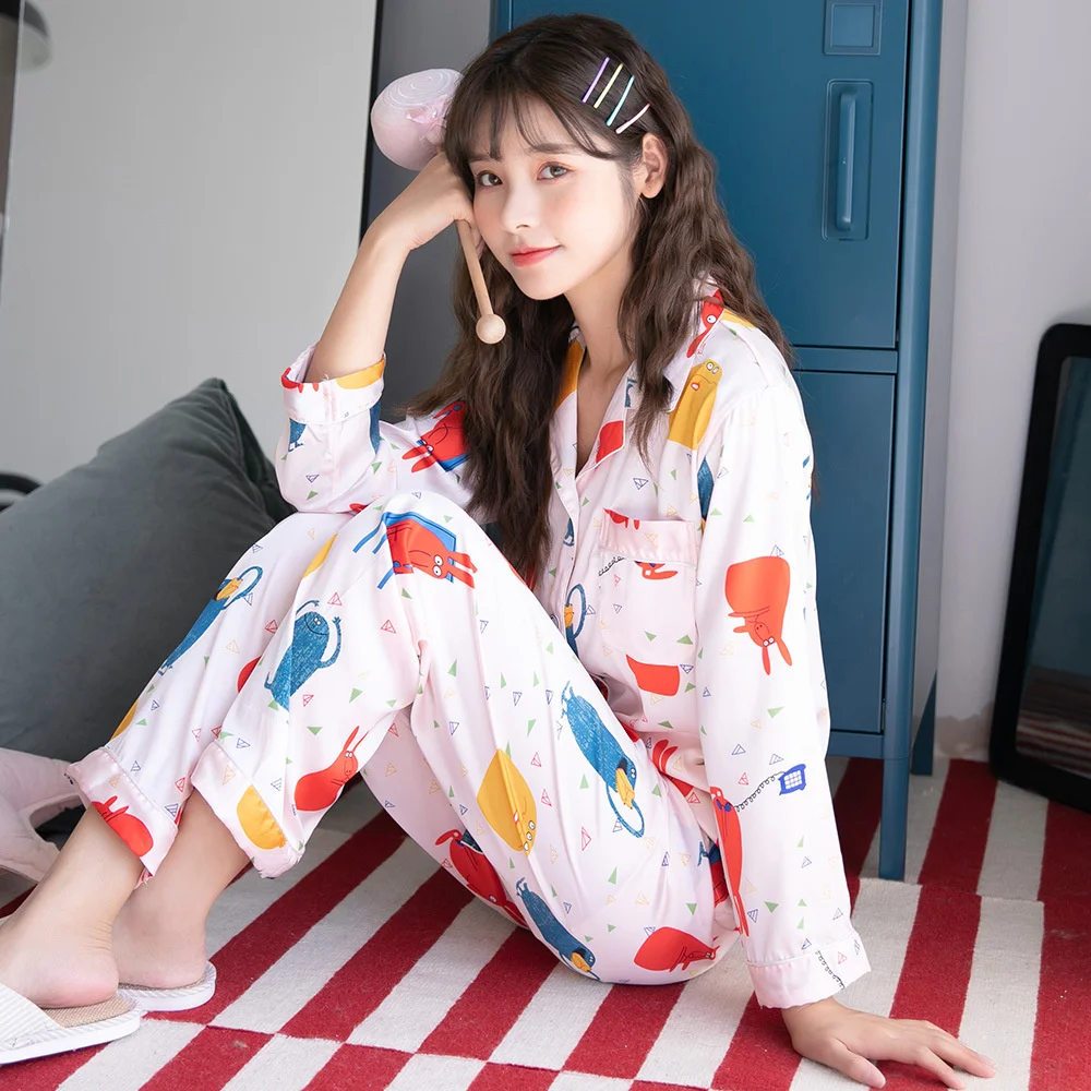 Spring And Summer LadyWomen South Korea Loose Long Sleeve Suit Pajamas Lapel Cardigan Print Sleepwear