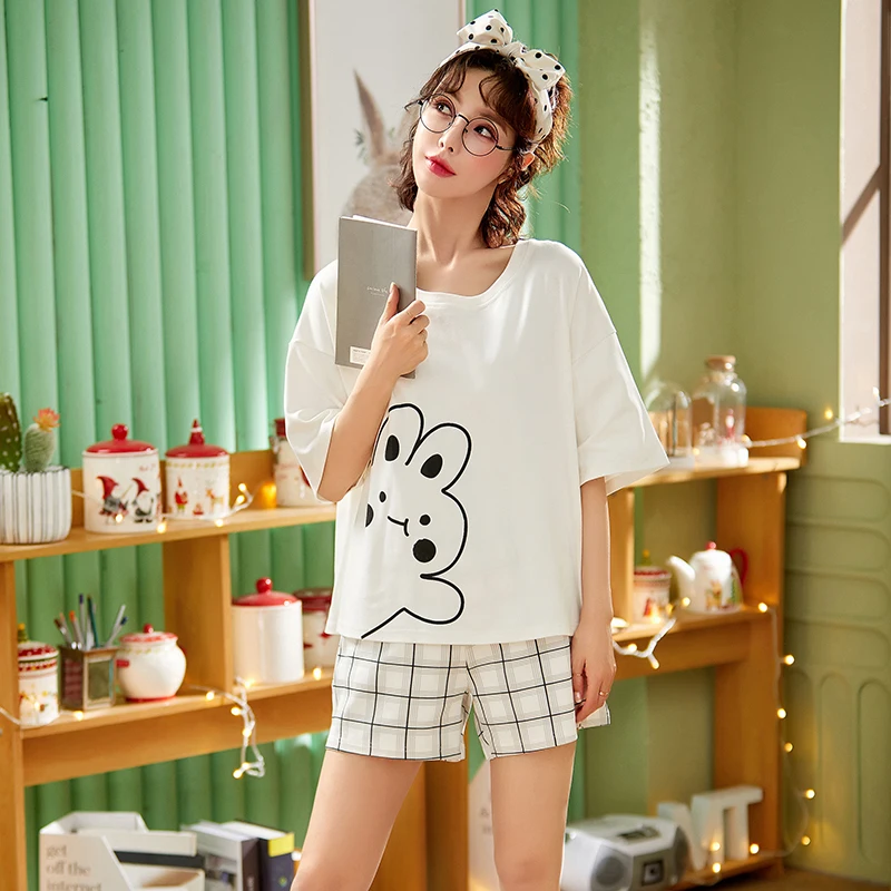 

ATUENDO Summer White Kawaii Pajama Set for Women Fashion Atoff Home Satin Soft Nightwear 100% Cotton PJS Silk Homewear Sleepwear