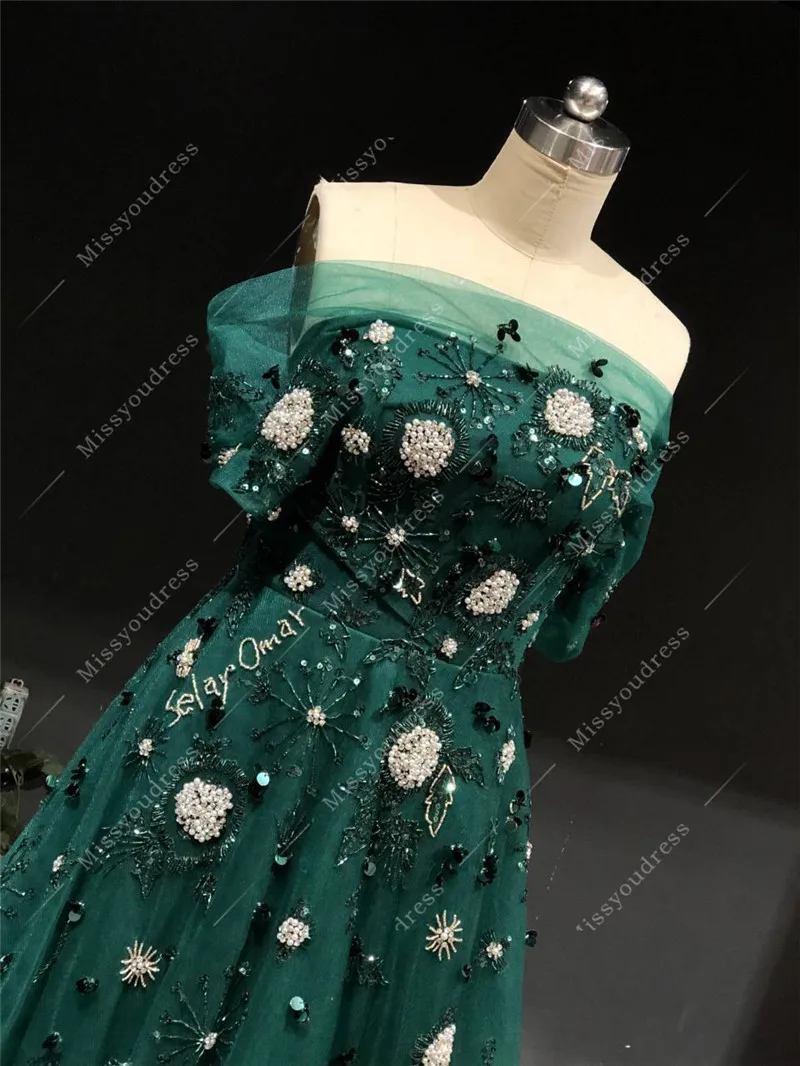 Dark Green CustomMade Real Photos Heavy Beads Boat Neck A-line Floor Length Sweep Train Party Prom Dance Women Evening Dresses