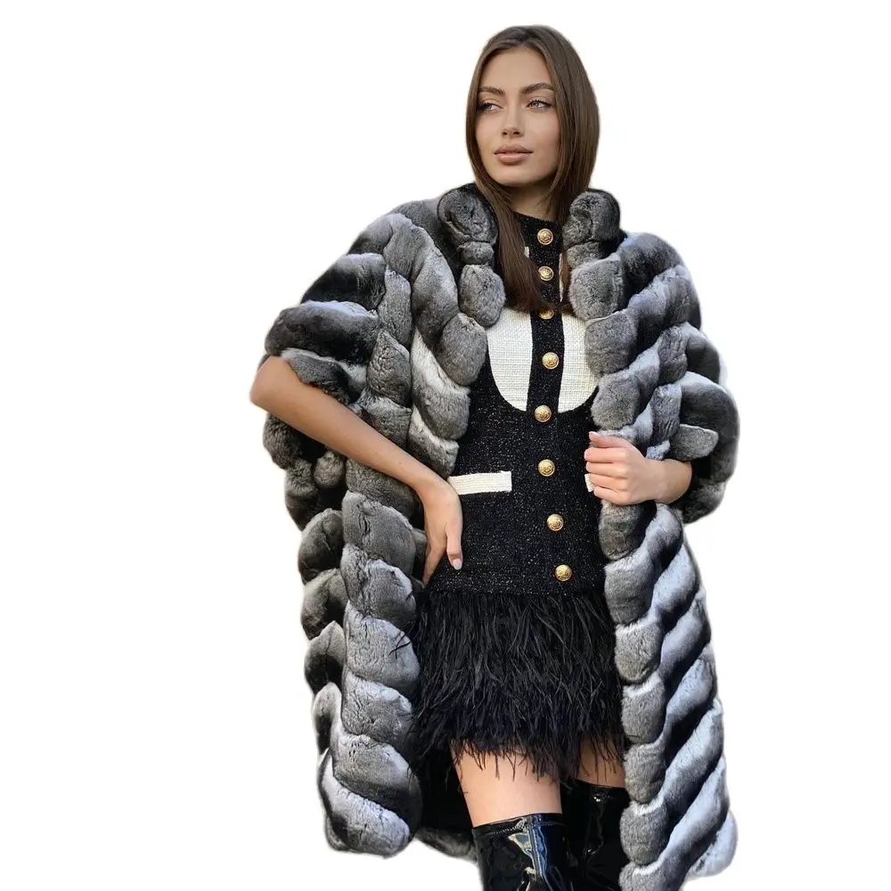Long Real Rex Rabbit Fur Coat Stand Collar Short Sleeve Women Winter New Genuine Rex Rabbit Fur Coats Full Pelt Fur Overcoats