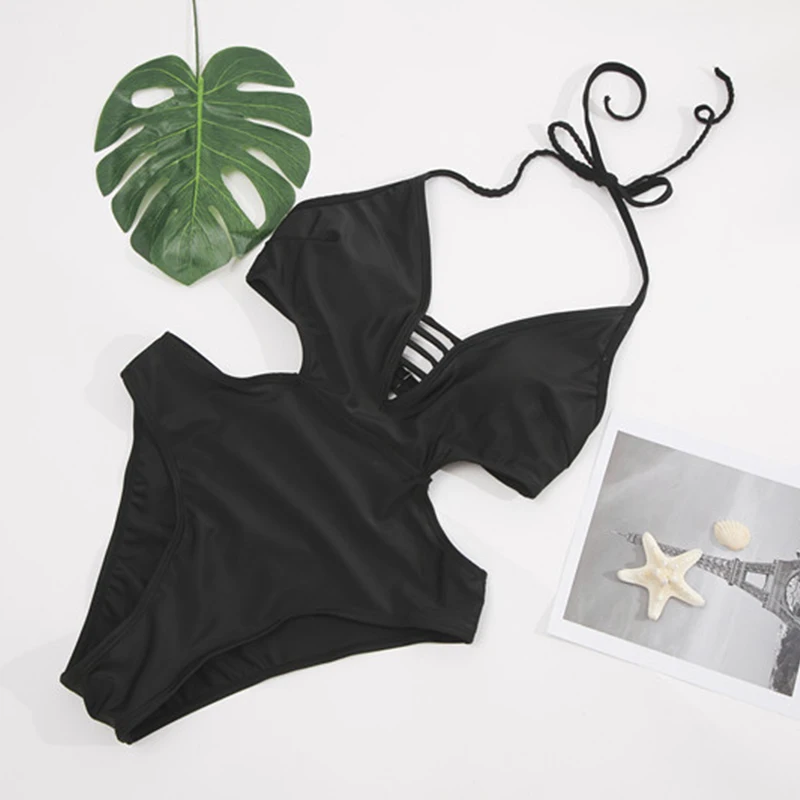 

Sexy Swimwear Female One Piece Swimsuit With Belt Women Bodysuit Black Hollow Out Monokini High Cut Backless Bathing Suits 2021