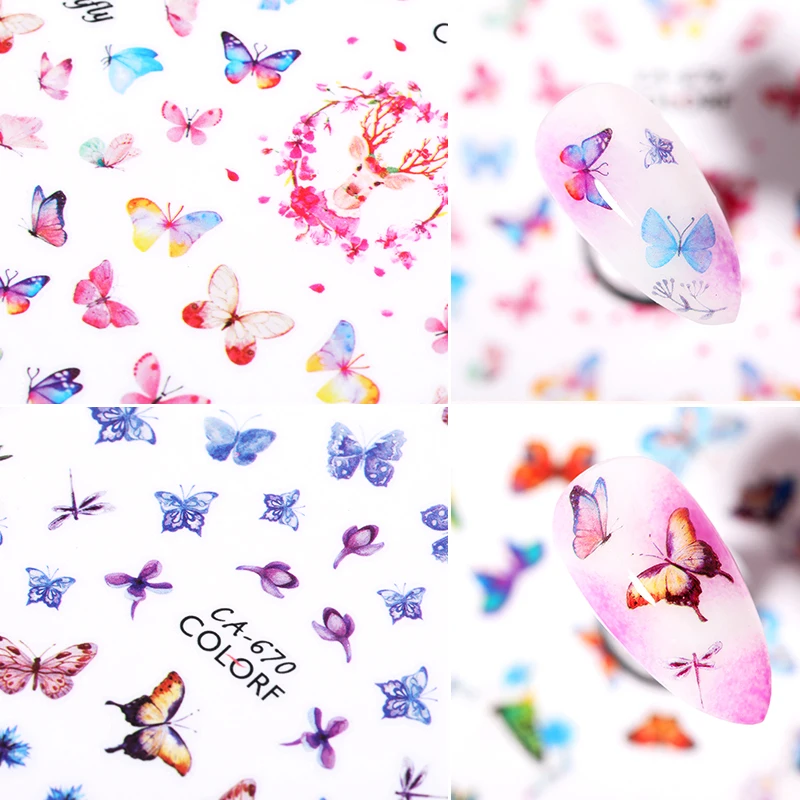 3D наклейки для ногтей с бабочками клейкие слайдеры красочные синие цветы