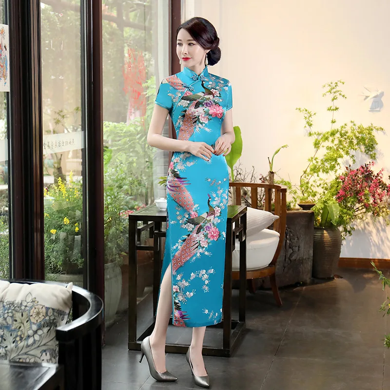 Китайское национальное весеннее длинное платье Cheongsam из павлина с цветочным