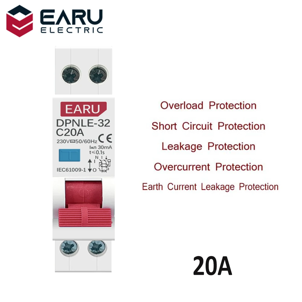 Mini 230v 50 60hz Rcbo 1p Mais n 6ka Corrente Residual Disjuntor Automático Diferencial sobre a Proteção Atual do Escapamento 20a 18 mm Disjuntores