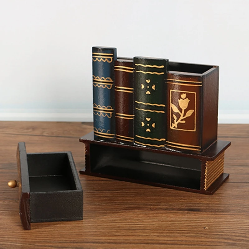 

Vintage Wood Pen Holder Desk Organizer for Stationery Office Home Decoration Multifunction Storage Box Children Bookcase
