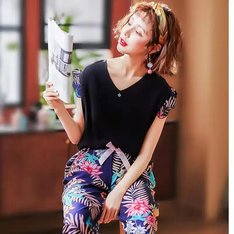 

Summer Pajamas Set Women Cotton V-Neck Short Sleeve Plus Size 2021 New Fashion Pyjamas Loose Casual Nightwear