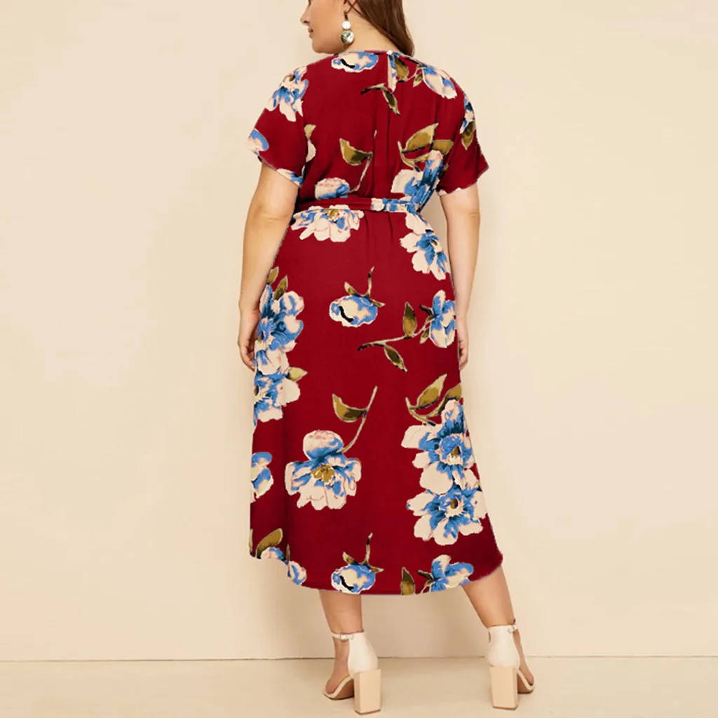 

Large Size Floral Print Round Neck Short-sleeved Dress With Thin Waistband And Calf Length Street Elegant Dress
