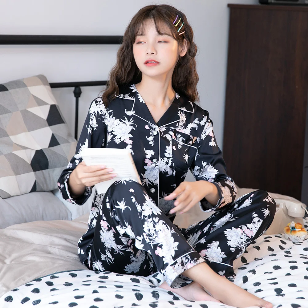Spring And Summer LadyWomen South Korea Loose Long Sleeve Suit Pajamas Lapel Cardigan Print Sleepwear