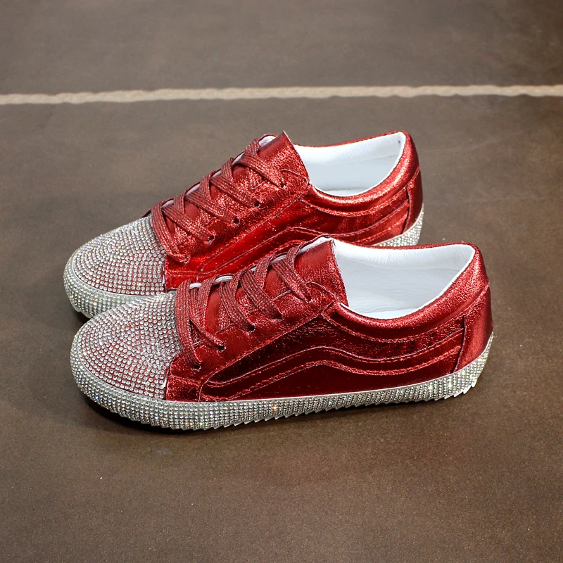 

Spring New Fashion Brand Ladies Shoes Women Sneakers Rhinestone Silver Girls Crystal Bling Cross-tied Lace Up Glitter Red Flats