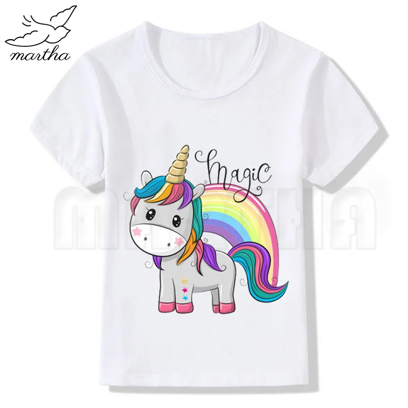 Милая детская белая футболка с изображением единорога одежда короткими рукавами
