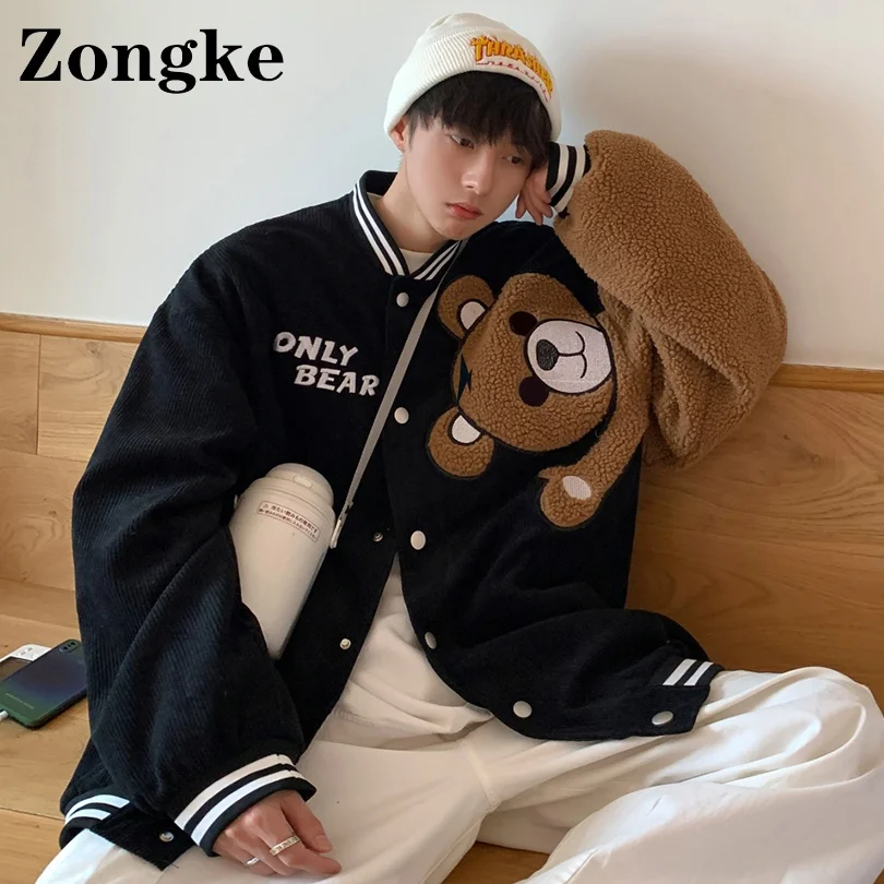 

Zongke Bear Fleece Varsity Jacket Men Clothing Japanese Harajuku Winter Men Jackets Baseball M-2XL 2022 Spring New Arrivals