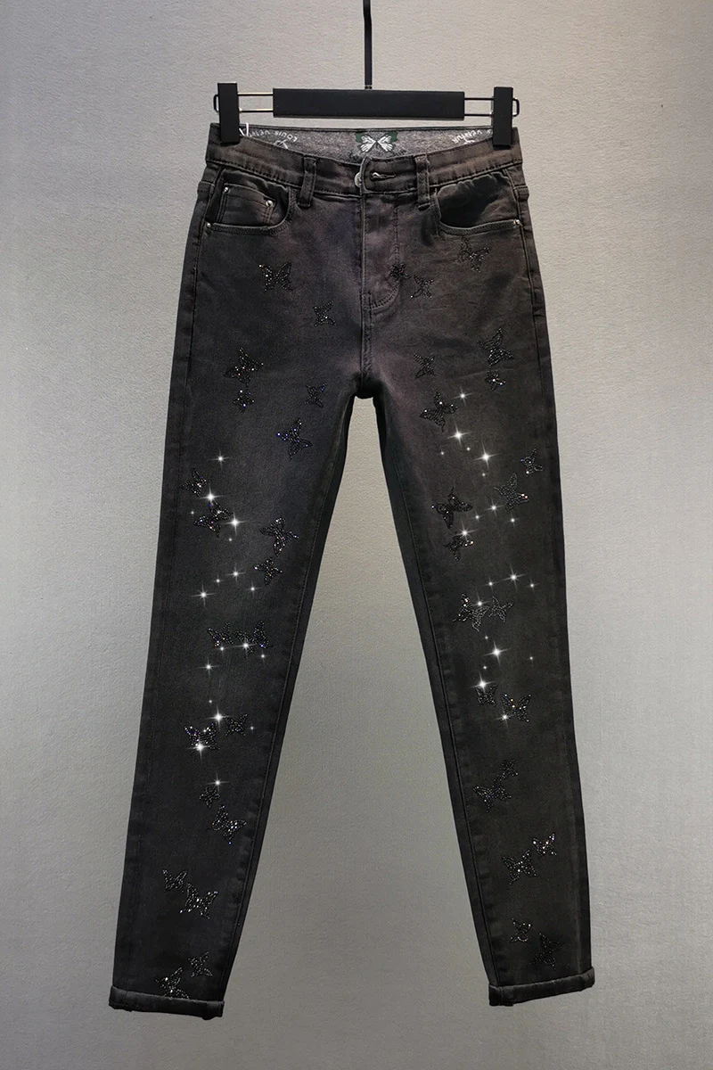 

Black Hot Drilling Jeans Women's 2020 Autumn New Elastic High Waist Slim Feet Pencil Pants Girls Jean Students Denim Pants Mujer