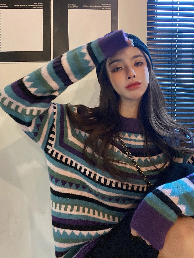 

Sweater For Women New Fall Winter 2021 Contrast Stripe Loose Pullover Crew Neck Fashion Versatile Long Sleeve Female Sweater