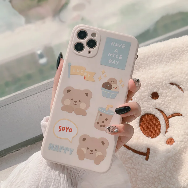 retro sweet bubble tea milk tea bear phone case for apple iphone 13 12 11 pro max xs max xr x 8 plus 7plus case cute soft cover free global shipping