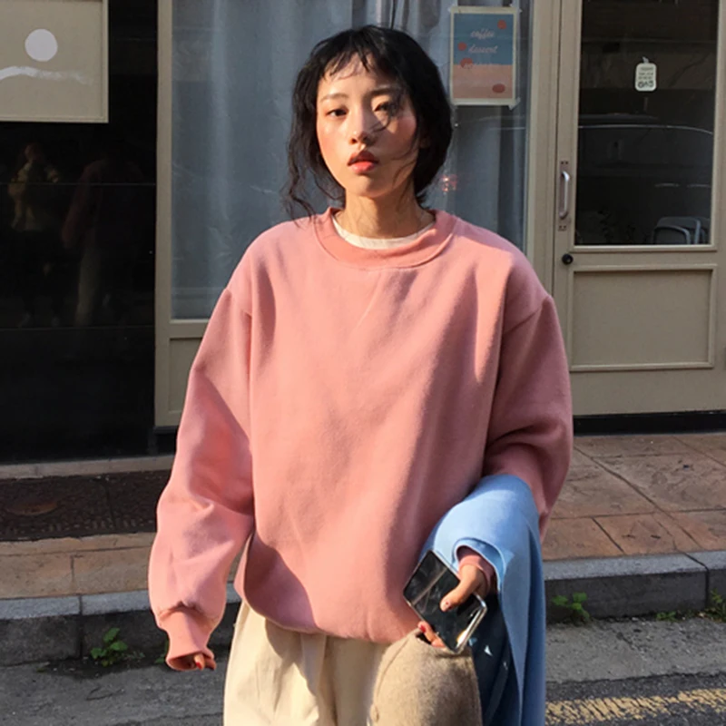 

12 Colors Solid Hoodies Sweatshirts Women O-Neck Long Sleeve Loose Casual Warm Pullovers Autumn Winter Korean Streetwear X841