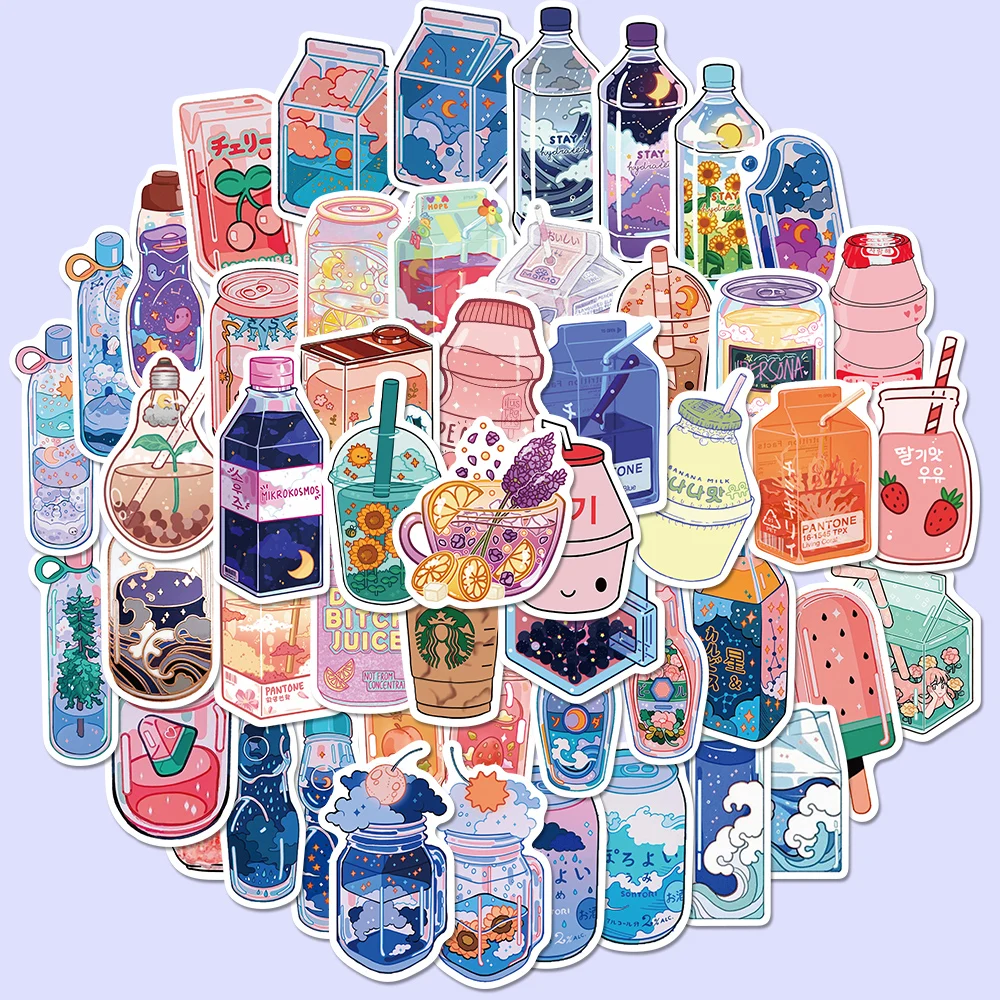 

50pcs Cute Drink Little Fresh Stickers DIY Laptop Bicycle Luggage Skateboard Waterproof PVC Graffiti Children's Toy Stickers