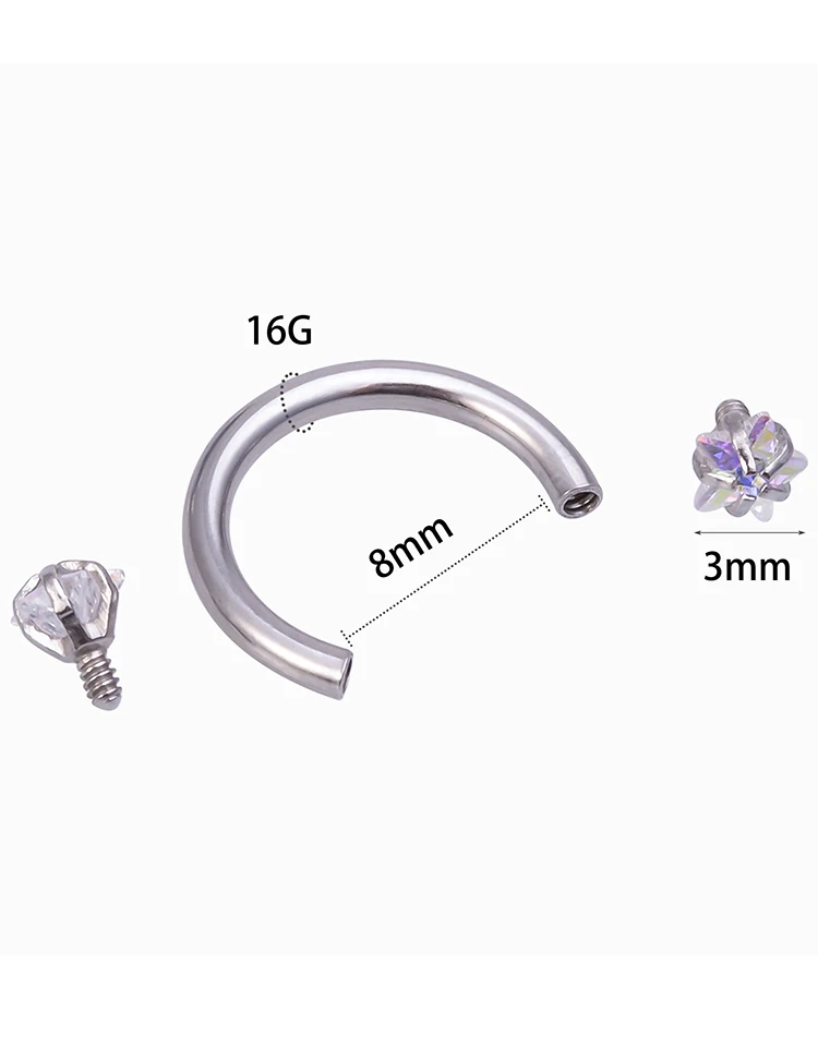 1pc Cubic Zirconia Nose Ring Septum Labret Eyebrow Helix Stud for Women Men 16g Steel Horseshoe Hoop BCR Body Piercing Jewelry