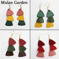 mg 15 patterns new triangle connection genuine leather earrings fashion long statement earrings simple women accessories gift
