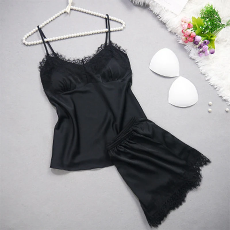 

Women Sleepwear Sexy Deep V-neck Pajamas Sets Spaghetti Strap Tops+Shorts Sleepwear Silk Home Wear For Female Nightwear