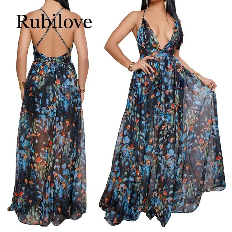 Rubilove, женские платья, летние, сексуальные, макси, бохо стиль, с принтом, вечерние, глубокий v-образный вырез, открытая спина, длинное платье, Vestidos