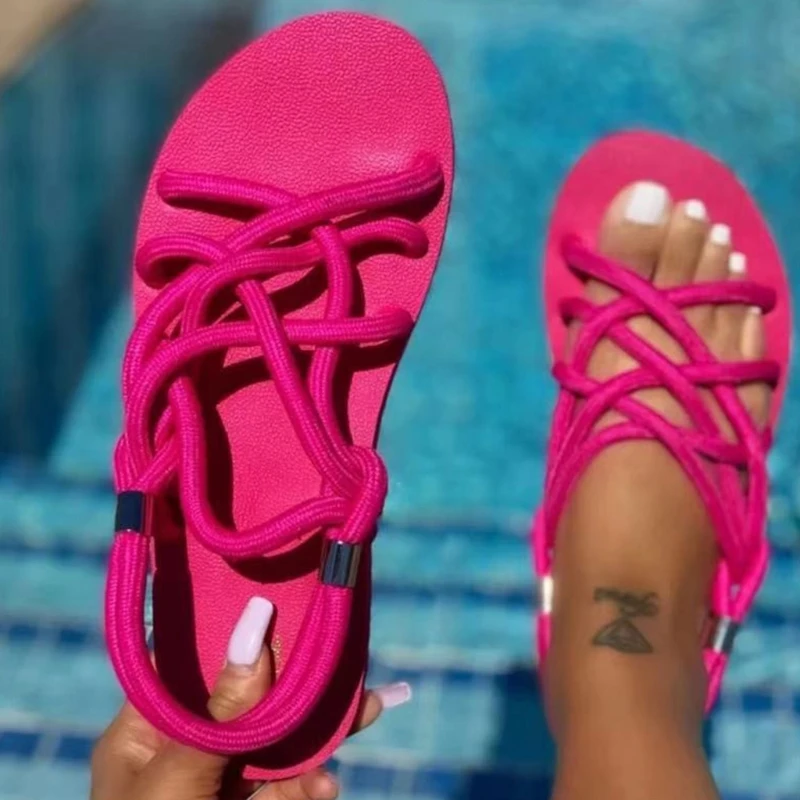 

2021 Summer European and American Plus Size Ladies Printed Flat Hemp Rope Set Foot Round Head Low Top Beach Sandals