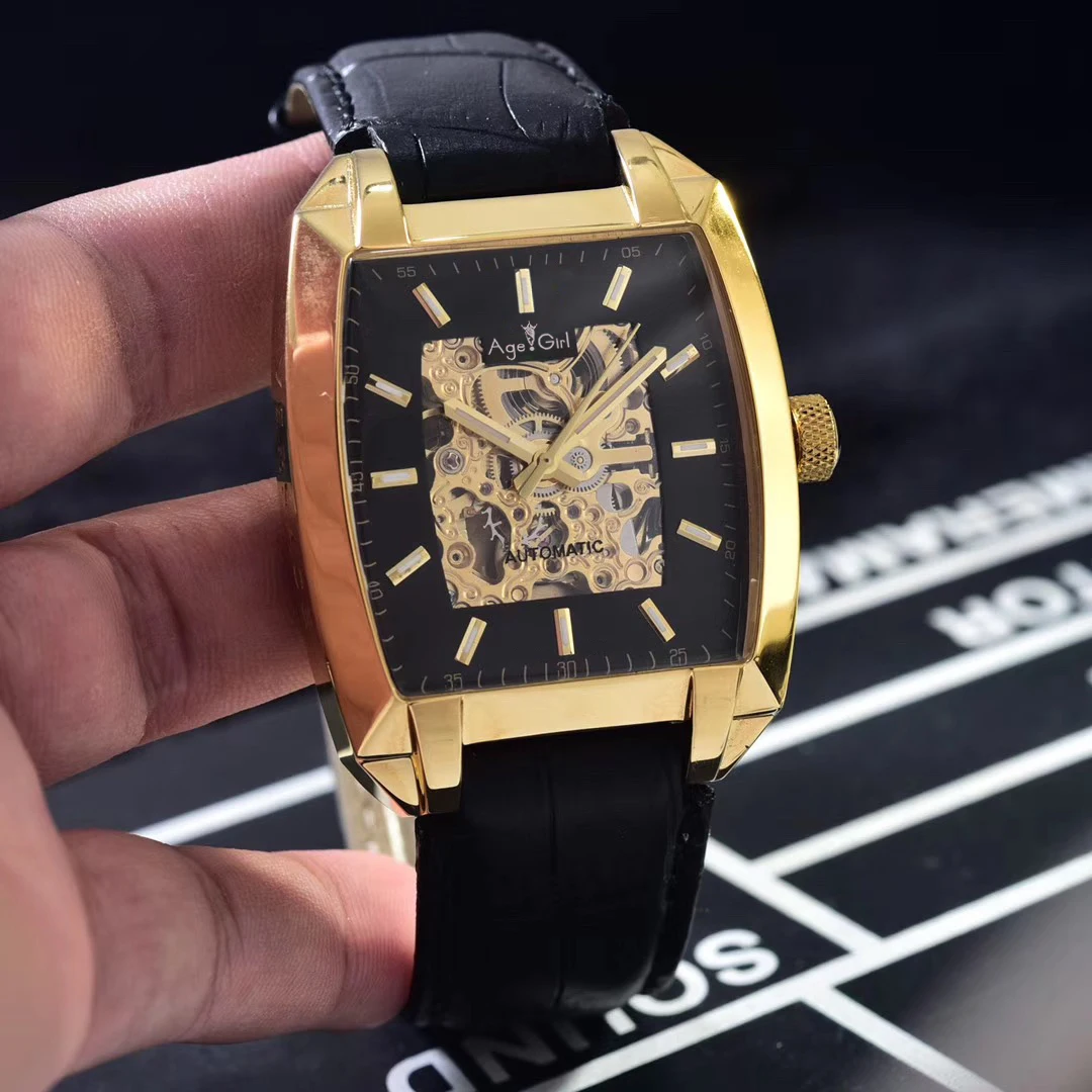

Classic New Men Silver Rose Gold Black Brown Leather Automatic Mechanical Sapphire Skeleton Limited Sport Silver Watch AAA+
