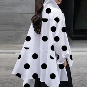 Oshoplive Fashion Buttoned High-Low Polka-Dot Split-Side Lapel Long Sleeves Blouse Women Casual Simp in Pakistan