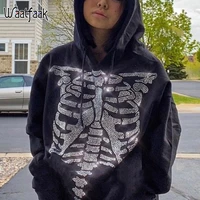 waatfaak goth black skeleton hoodie 90s grunge rhinestone hoodie women streetwear aesthetic oversized hoodie pullover dark punk