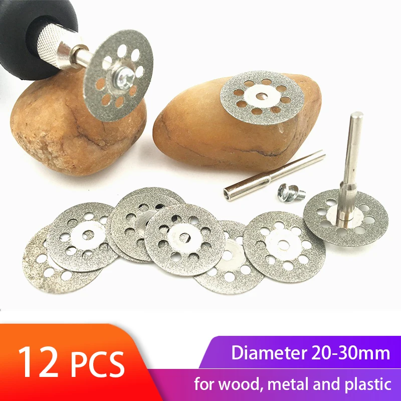 

12Pcs Diamond Cutting Wheel Set 20mm/22mm/25mm/30mm Saw Blades Cut Off Discs Set with 2Pcs 3mm Mandrel for Stone Glass Tile