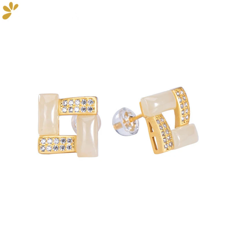 

925 Sterling Silver Jewelry Gold Plated Geometric Hetian Jade Stud Earrings for Women Simple Trendy Earring Fashion Cute Gift