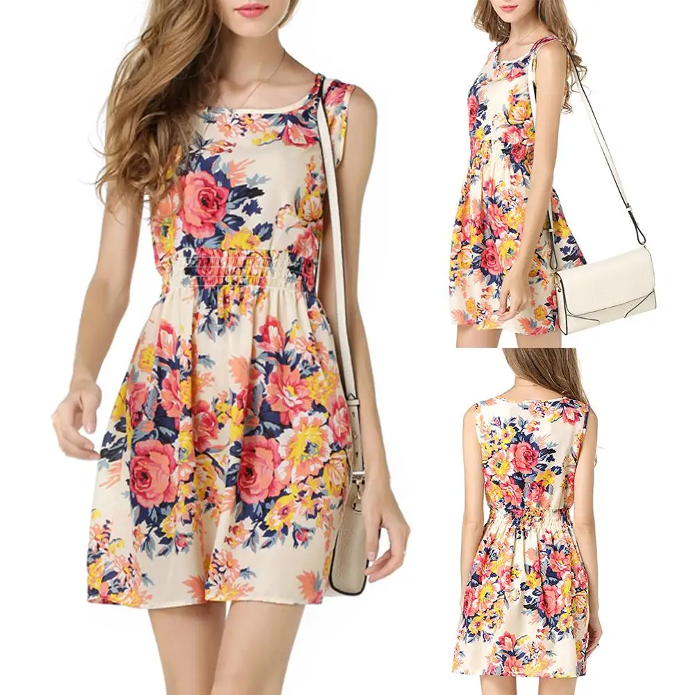 Модный летний пляжный Шифоновый Сарафан без рукавов с цветочным принтом и