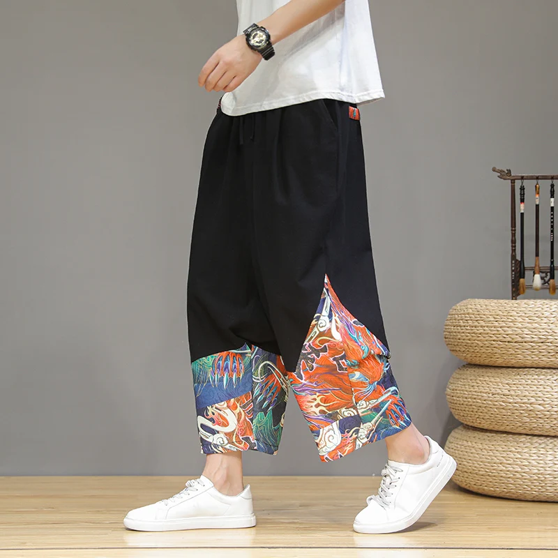 

Брюки мужские хлопково-льняные с широкими штанинами, винтажные повседневные джоггеры с эластичным поясом, свободные брюки в японском стиле