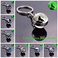 luminous keychain wolf and moon keychain glass ball pendant animal jewelry wolf head sphere keyring key chain for men women gift