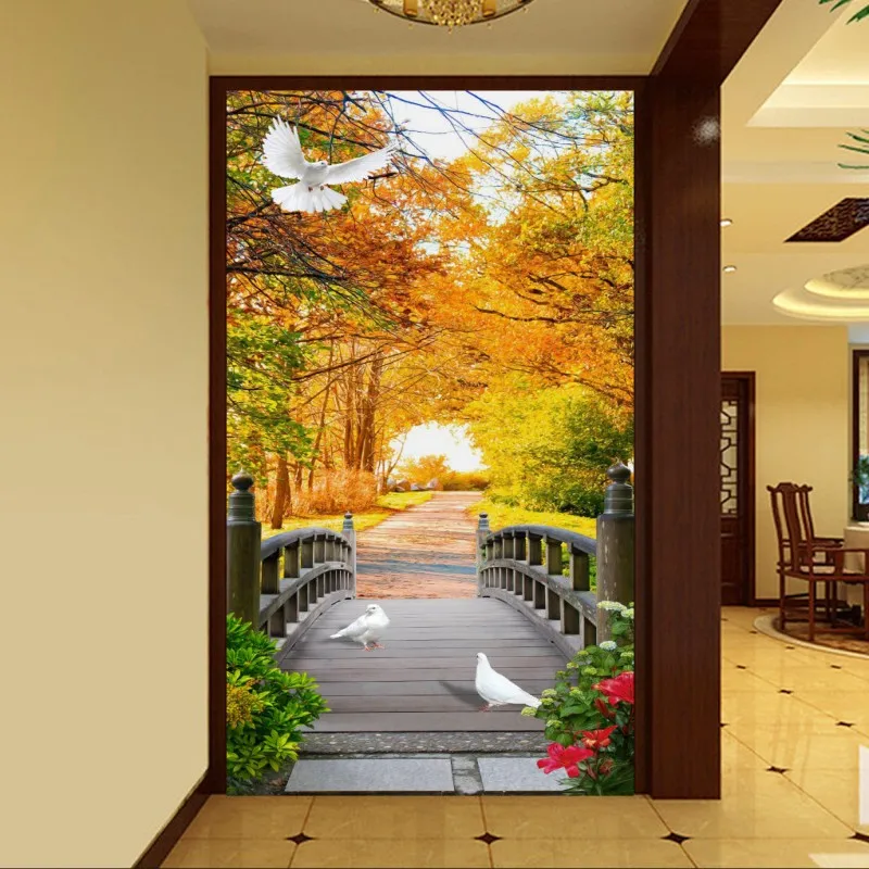 

Прямая доставка обои 3d золотая Осенняя елка Фреска с мостом гостиная кафе фотообои для комнаты отдыха 3D вход прохода фон обои