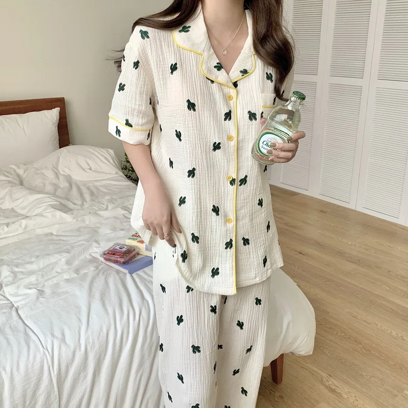 2021 Summer New Printed Pajamas Women's Cardigan Cotton Gauze Short Sleeve Home Suit Female Sleepwear Lady Nightwear Lounge Wear