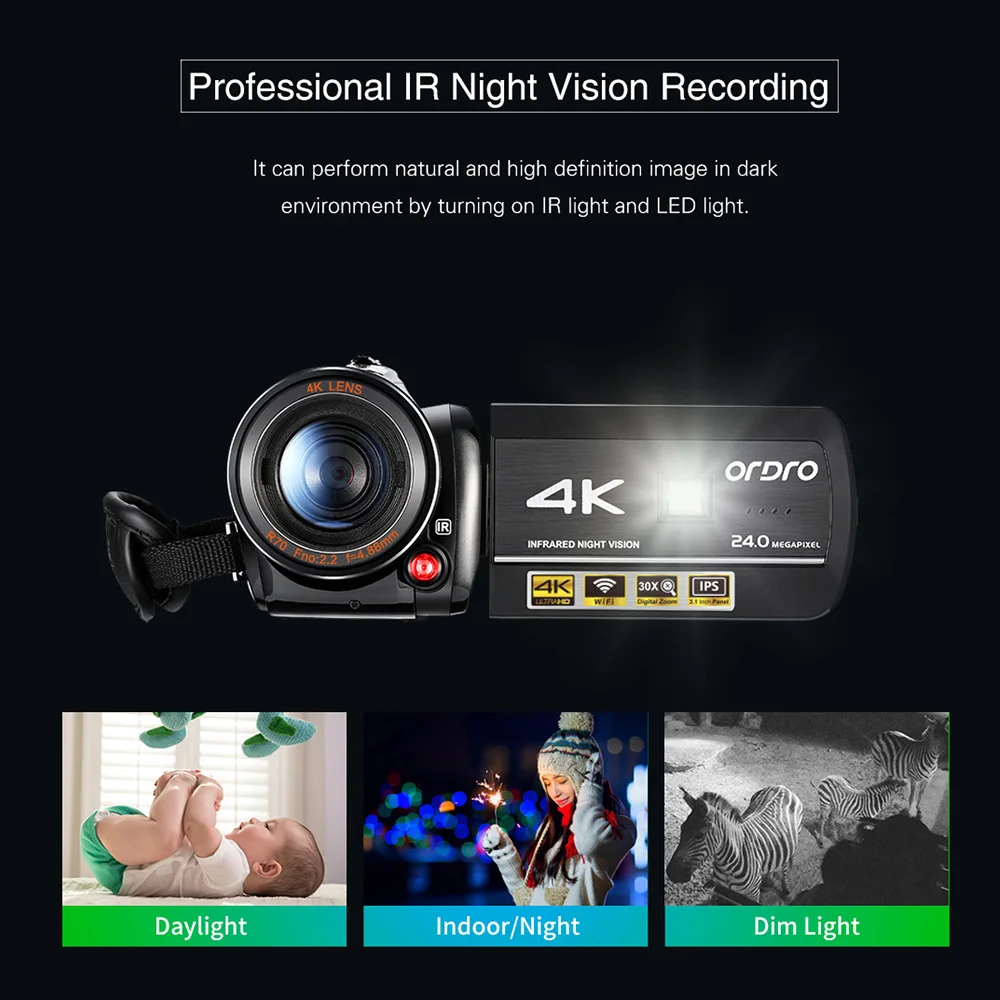 ORDRO AC3 4K WiFi цифровая видеокамера DV Recorder 24MP 30X Zoom Night с 2 шт. батареями +