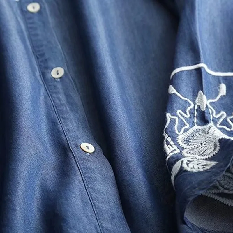 2020 New Embroidery Flower Denim Long Sleeve Shirts for Women Spring Fall Vintage Single Breasted Loose Fit Blouse Womens Tops | Женская