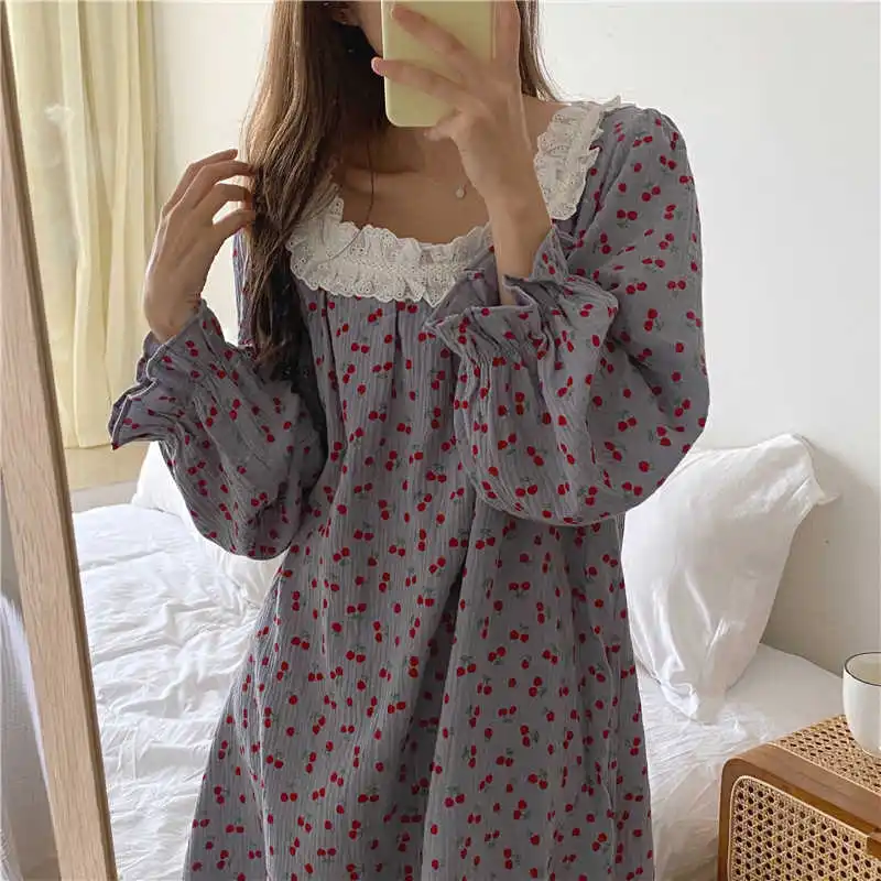 

Algodo gaze camisola femme cherry print sleepshirts outono plissado manga longa sleepwear vestido elegante