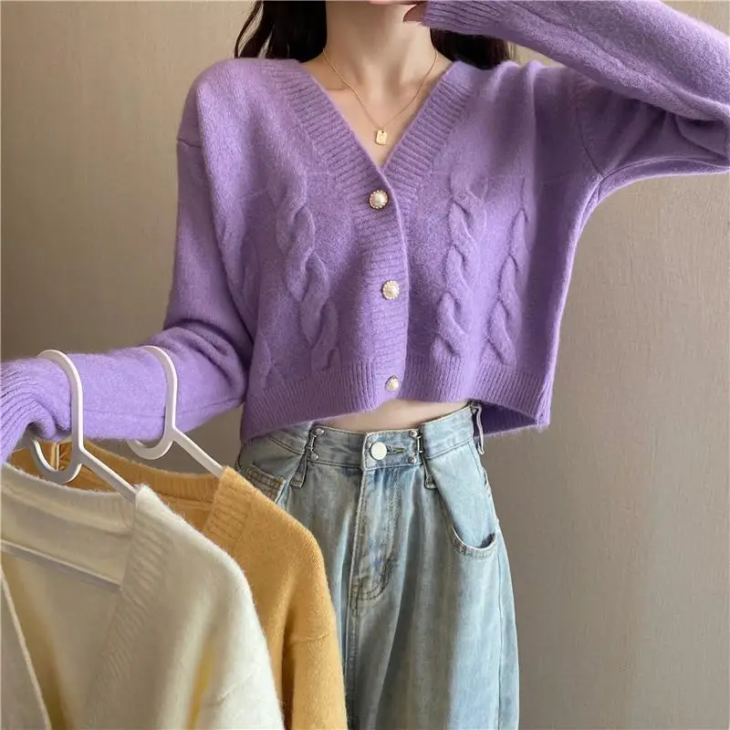 

Women Sweaters Hot Sale V-Neck Loose Casual Preppy Student Knitwear Korean Pearl Button Short Cardigans Sweatar