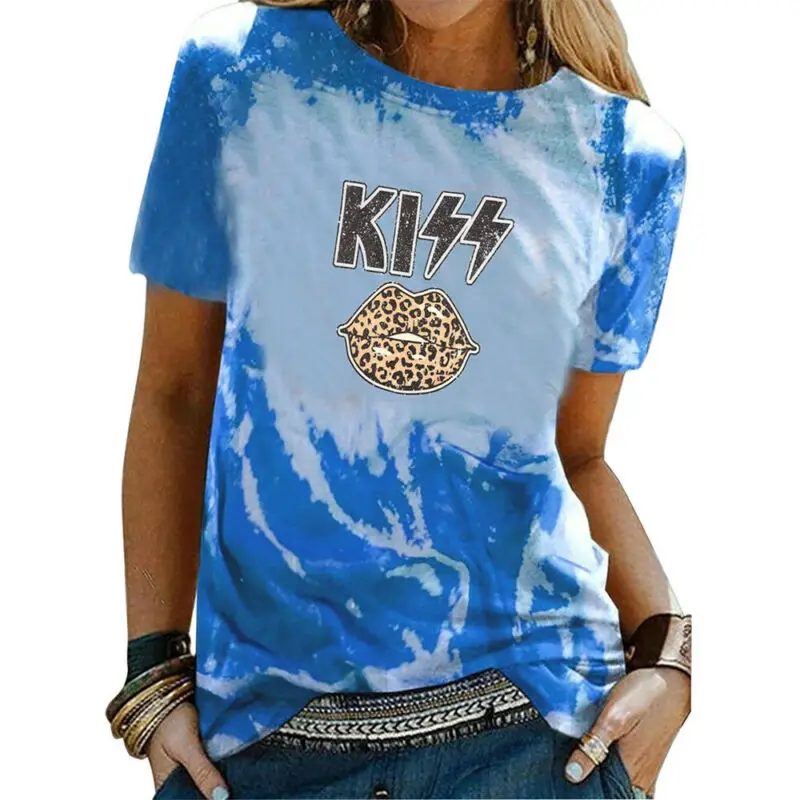 

High Street T-Shirt Leopard Mouth Printed Women Summer Casual Fashion Crew Neck Short Sleeve Basic Tee Top Kiss Female Clothes