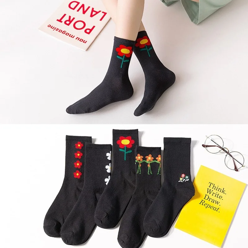 

Spring and Summer Tide Socks Female Black Flower Street Fashion High Socks Harajuku Style Sports School Style Cute Personality