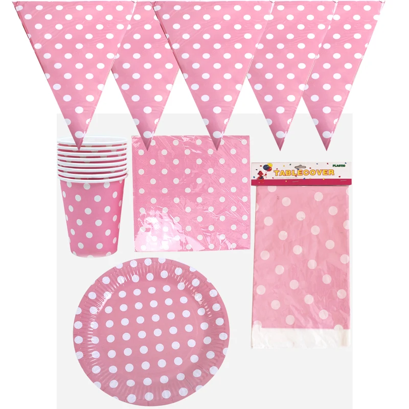 

51pcs/lot Pink Polka Dots Theme Decorate Tablecloth Birthday Party Plates Cups Banner Tableware Set Baby Shower Napkins Flags